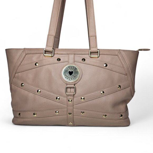 Love Moschino Tan Pebble Leather Shoulder Bag Women's Gold Studded Chunky Coin - Picture 1 of 9